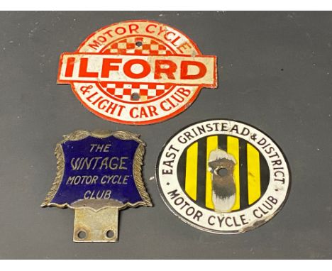 An Ilford Motor Cycle &amp; Light Car Club enamel plaque, a second for East Grinstead &amp; District Motor Cycle Club and a V