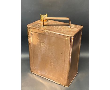 A polished copper two gallon petrol can by Valor, marked to the base 10R, brass BP cap. 