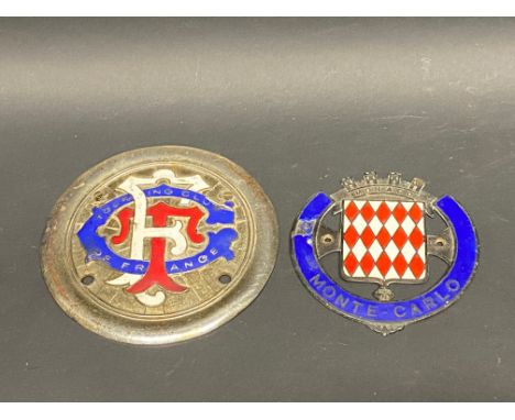 A Monaco Monte-Carlo enamel car badge and a Touring Club of France part enamel badge.
