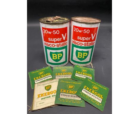 Two BP visco-static quart cylindrical cans plus various BP Energol labels.