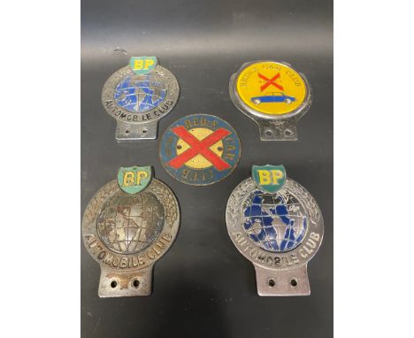 Three BP Automobile Club car badges and two Redex Car Club badges. 