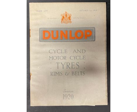 An early Dunlop Cycle and Motor Cycle Tyres, Rims &amp; Belts trade list dated October 1st 1919. 