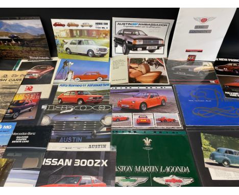 A quantity of car sales brochures, various marques including Fiat 1100, Aston Martin Lagonda, Nissan 300ZX etc. 