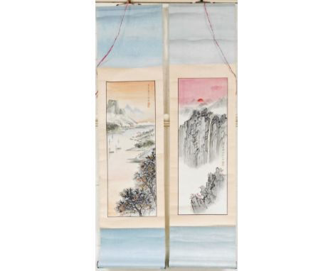 A pair of 20thC Chinese scroll watercolours, one depicting a riverscape, with mountains in the background tress to the foregr