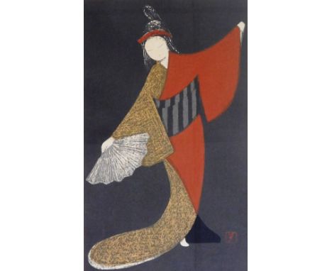 A Japanese woodblock print by Kawano Kaoru (1916-1965), Dancing figure- Maiogi, red seal mark, 36.5cm x 22cm.