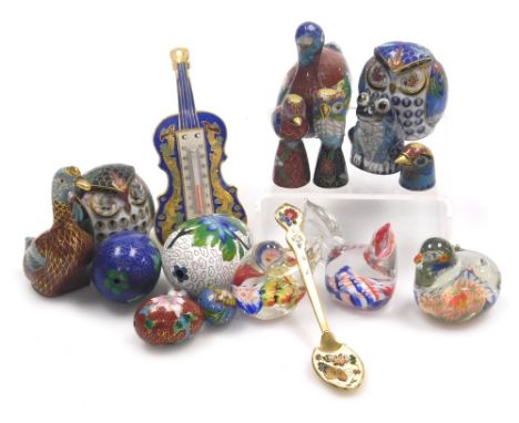 A group of modern cloisonne, to include owls, 5cm high, birds, eggs, cello with thermometer, 12cm high, etc.