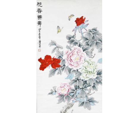 A 20thC Chinese scroll painting, tree peonies and butterflies, with script and seal mark, 85cm x 48cm.