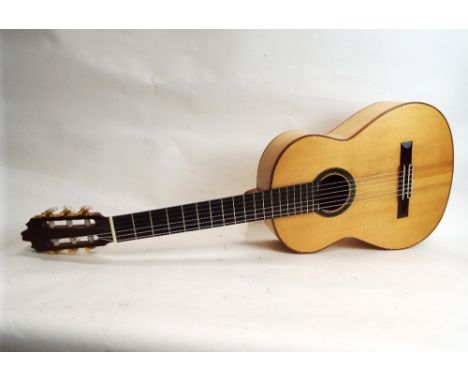 Handmade good quality classical guitar, unlabelled, back and sides natural maple, top natural spruce, neck mahogany with fret