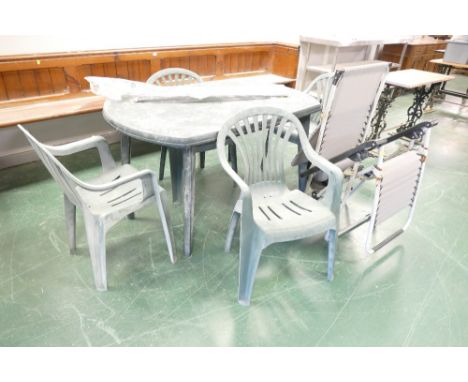 Plastic garden table, chairs and folding chair