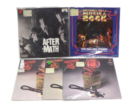 Five Spanish issue Rolling Stones LP's, Aftermath, Sticky Fingers (x 3 one on purple vinyl) and History of Rock Music 