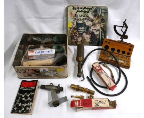 Tin of vintage silver soldering equipment, brass burner by W & W, Sievert burner, hose failure valve, part balance scales, bo