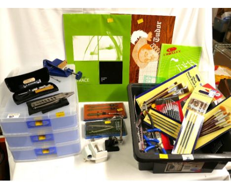 Set of plastic storage drawers, box of pads of paper, as new paintbrushes, compass sets, clamps, precision tools and a Moore 