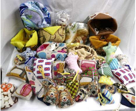 Quantity of handmade fabric containers, door handle hangers and pincushions.