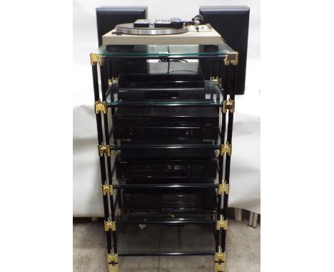 Music trolley containing 5 separates, Pioneer stereo turntable PL-512, Sony turntable PS-LX56, Denon integrated stereo amplif