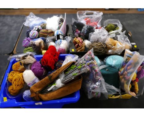 Four boxes of wool and knitting needles, Yarnfair Stripes, Super Soxx, Patons Cotton DK and 4-ply, Anchor Stranded cotton thr