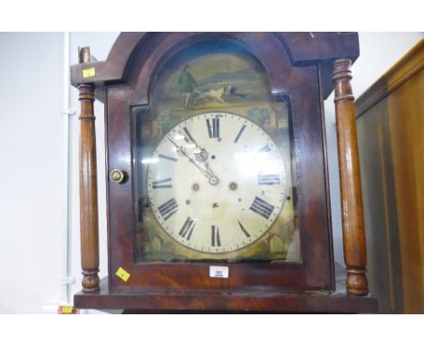 Mahogany longcase clock with painted face depicting country hunting scenes 