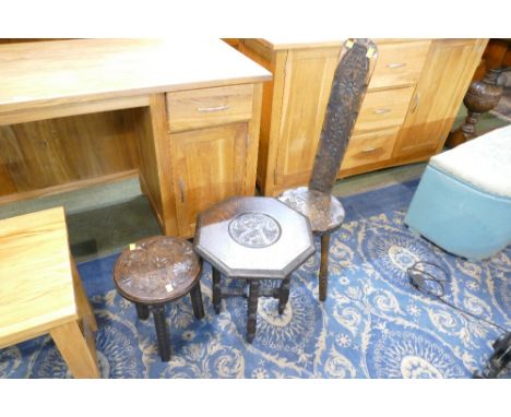 Oak spinning chair and two carved occasional tables 