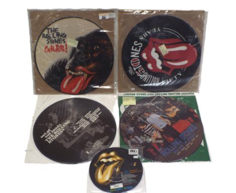 Eight Rolling Stones LP's and singles, mostly picture discs and The Rolling Stones with signatures  to the back unverified  a