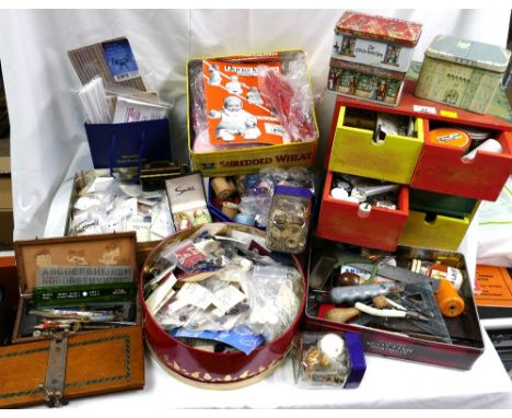 Quantity of crafting equipment, sewing accessories, tins of buttons, costume jewellery parts, precision tools, pins, drawers 