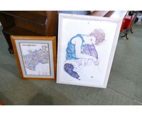 Egone Schiele print, the artist's wife seated, and antiquarian style map of Gloucestershire 