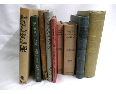 Nine vintage crafting books. Heritage of Dress by Wilfred Webb, Wood Block Printing by Morley Fletcher, Decorative Leatherwor