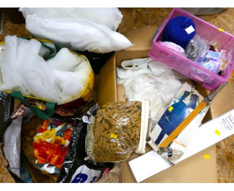 Large quantity of fabric samples, curtain heading tape, stuffing, 2 cushion inserts, Elbesee tapestry frame, skirt measuring 