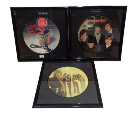 Three Rolling Stones framed picture disc LP's including Sticky Fingers