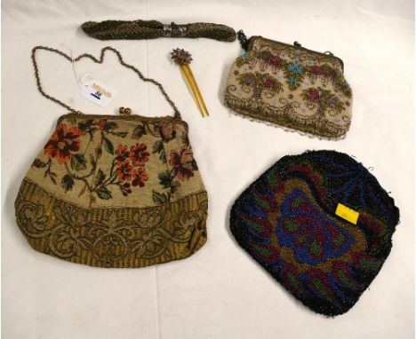 Three vintage ladies beaded and tapestry bags, a hair comb and a beaded swatch of fabric.