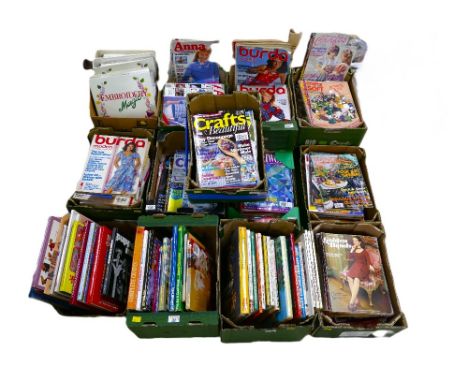 Seventeen boxes of craft books and magazines, sewing, embroidery, dress making, Sewing and Embroidery Magic magazine folder s