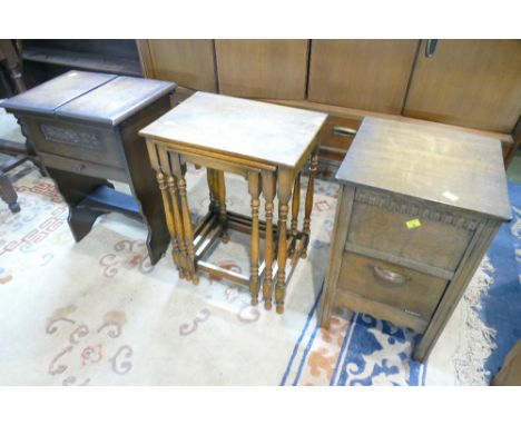 Oak nest of tables, coal receiver and sewing cabinet 