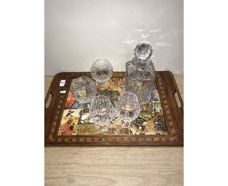 VINTAGE INLAID TRAY & DECANTER & 4 GLASSES