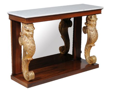 Y A rosewood console table in George IV style, first half 20th century, the marble top above a pair of gilt monopodia support