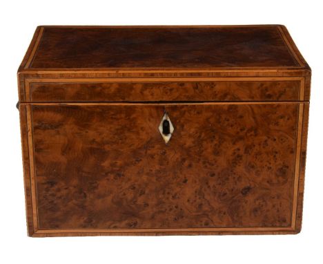A George III burr yew and sycamore strung tea caddy, late 18th century, of rectangular form, the ends each with a gilt repous