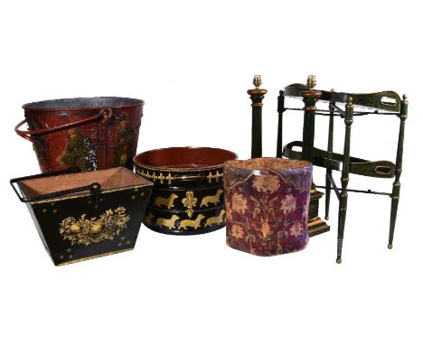 A collection of japanned tolewares, including a large bucket with later decoupage decoration, late 19th century, 44cm high ex