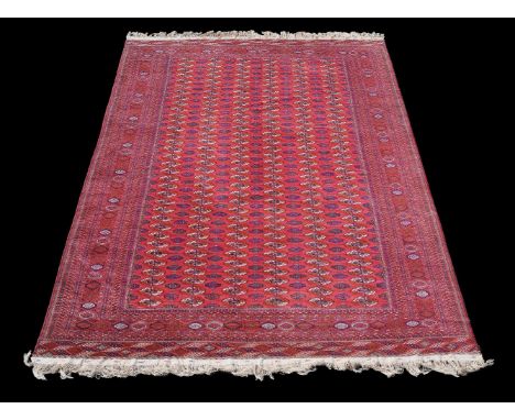 A Bokhara carpet,  of overall design, the madder field decorated with guls and stylised foliate motifs, in tones of orange, n