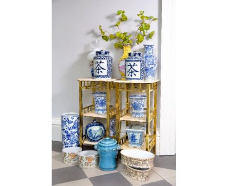 A selection of modern Chinese porcelain, to include a blue and white stick stand, 45cm high, a pair of cylindrical storage ja