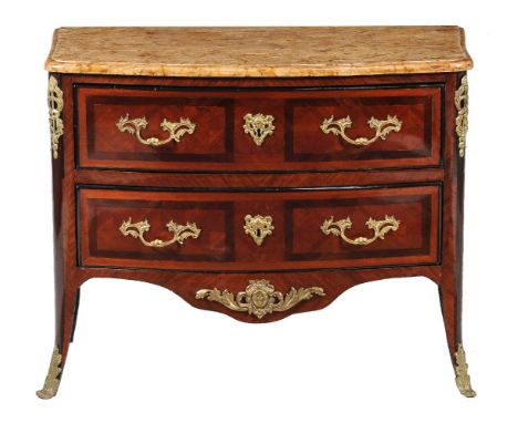 Y A French mahogany, rosewood and parquetry commode in Louis XV style, 19th century, of bow front outline, with marble top ab