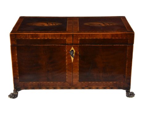Y A George III mahogany, crossbanded and marquetry tea caddy, late 18th century, of rectangular form, the hinged cover and si