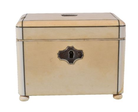 Y A George III ivory veneered and silver coloured metal mounted and strung tea caddy, late 18th century, of rectangular form,