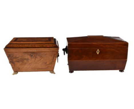 Y A Regency walnut tea caddy, circa 1815, of sarcophagus form, the hinged cover with stringing, crossbanding and borders, eac