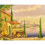 20th Century French School, a Southern coastal scene with figures at a restaurant, oil on canvas,