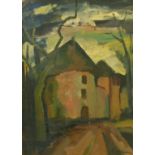 Mid-20th Century French School, a view of a village road, oil on board, indistinctly signed, 18" x