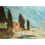 Mid-20th Century French School, a pathway in a Southern Landscape, oil on canvas, indistinctly