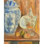 A Loncz, Circa 1949, an unframed oil on board still life of mixed objects, signed and dated, 20.5" x