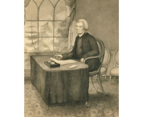 19th Century, a gentleman seated at a desk, pencil and watercolour, 11" x 9", along with a pencil sketch of the Earl of Pembr