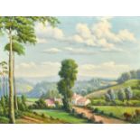 20th Century French School, a scene of buildings in a hilly summer landscape, oil on canvas,