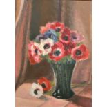 Mid-20th Century French School, a still life of flowers in a green vase, oil on board, 15" x 11.