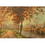 Eugene Rene-His, a autumnal river landscape, oil on canvas, signed, 13" x 18" (33 x 46cm).