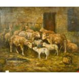 Barbizon School, a scene of sheep in a barn, oil on canvas, signed with initials, 18" x 21.5" (46