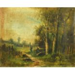 19th Century French School, an unframed oil of figures in a woodland glade, 13" x 16" (33 x 40cm).